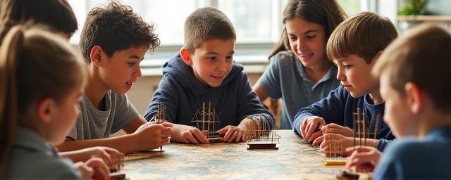 Students engaged in a maritime history workshop with maps and model ships