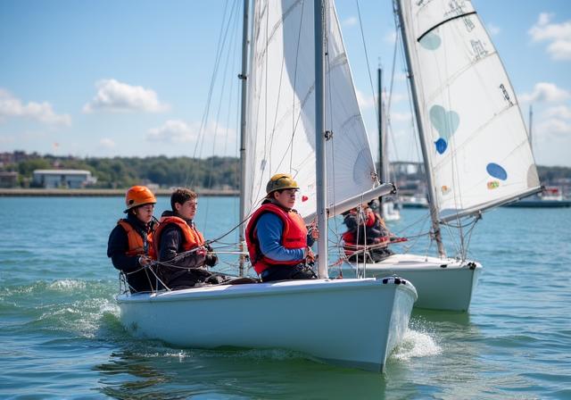 Young people learning to sail on Dublin Bay with safety equipment